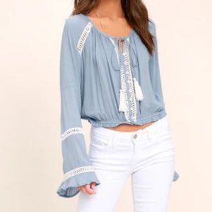 Simpler Times Light Blue Long Sleeve Crop Top